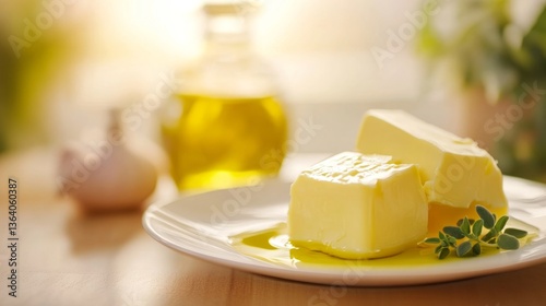 Colorful plant-based oils and fresh vegetables alongside melting butter, showcasing a blend of health and indulgence.

