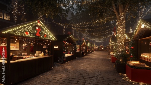 Nighttime view of a Christmas market with stalls and twinkling lights creates festive ambiance