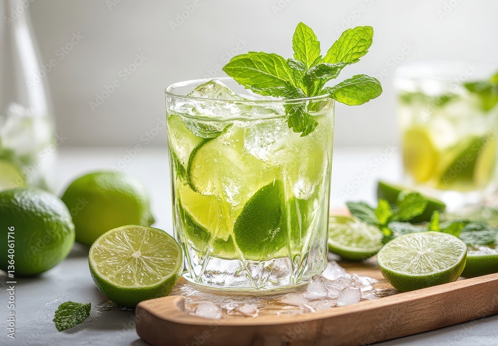 Refreshing Mint Mojito Drink with Fresh Lime Slices and Vibrant Green Garnish on a Light Background with Ice and Limes Presenting a Summer Vibe Refreshing Mint Mojito Drink with Fresh Lime Slices and Vibrant Green Garnish on a Light Background with Ice and Limes Presenting a Summer Vibe
