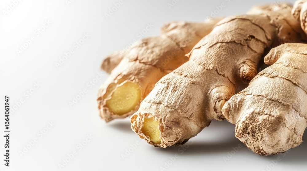 Fototapeta premium Fresh ginger root with textured skin, showcasing its natural curves and organic shapes, perfect for culinary, health, and wellness applications in stock photography.