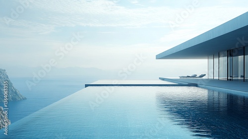 Modern minimalist architecture infinity pool overlooks scenic blue ocean and mountain range view under the sky