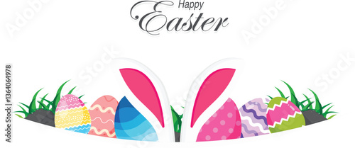 Happy Easter vector banner background. Greeting card with easter eggs, bunny, and leaves in modern cartoon style. Isolated on transparent background