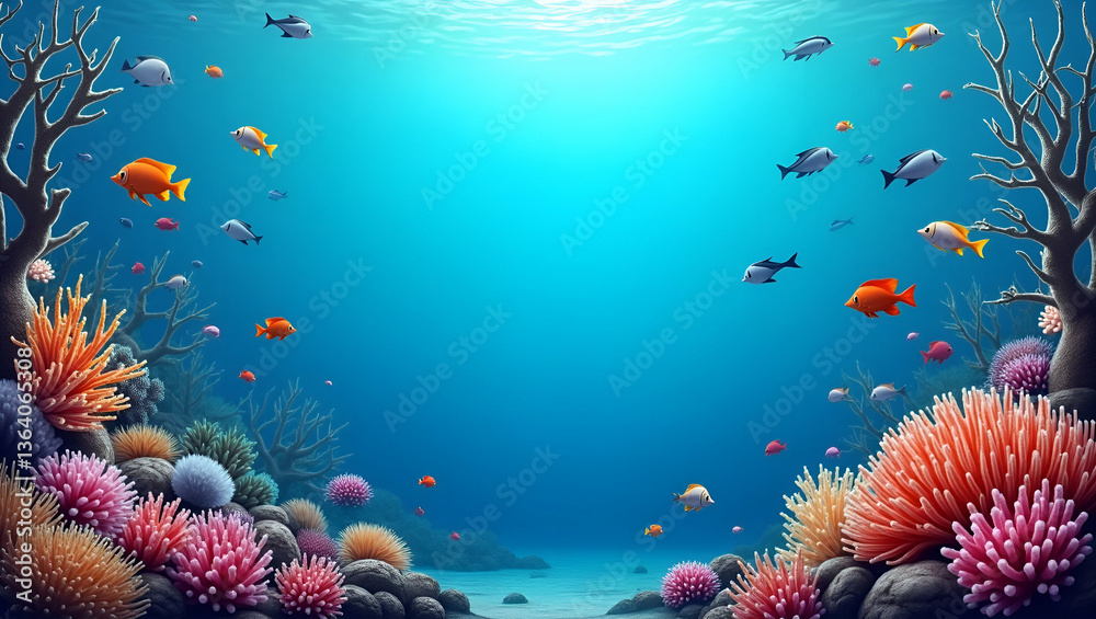 Fototapeta premium Coral and Tropical Fish Border Frame with Copy Space for World Wildlife Day: Ocean Protection Concept Featuring Vibrant Marine Life Elements and Empty Space for Your Message