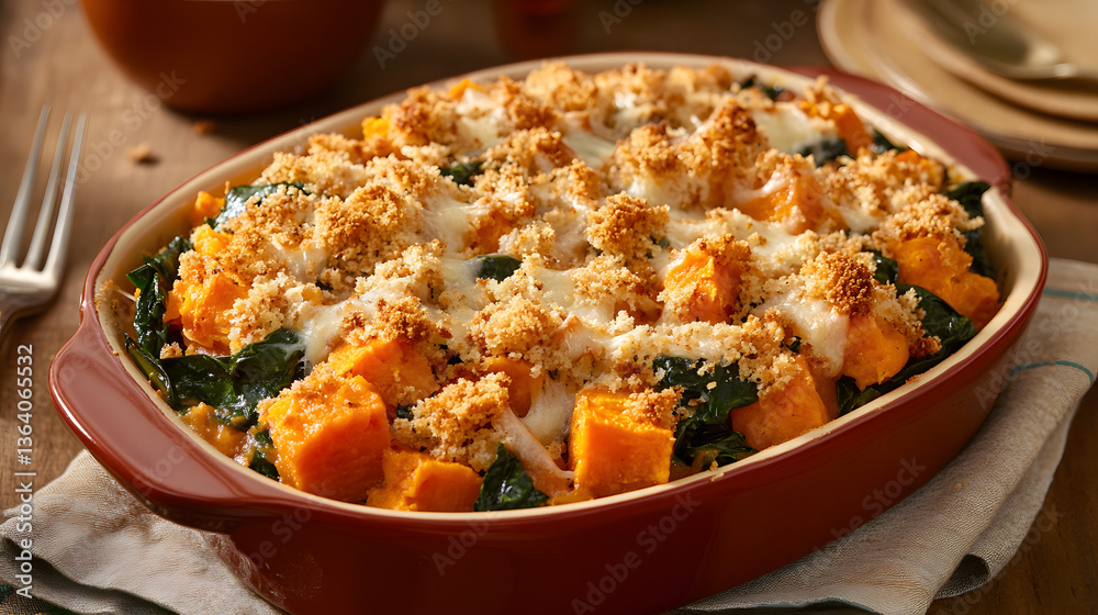 A spinach and sweet potato casserole topped with breadcrumbs and cheese. A spinach and sweet potato casserole topped with breadcrumbs and cheese.