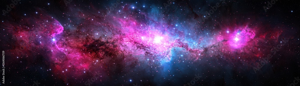 Fototapeta premium A stunning cosmic scene featuring vibrant pink and blue nebulae against a backdrop of stars, illustrating the beauty of deep space.