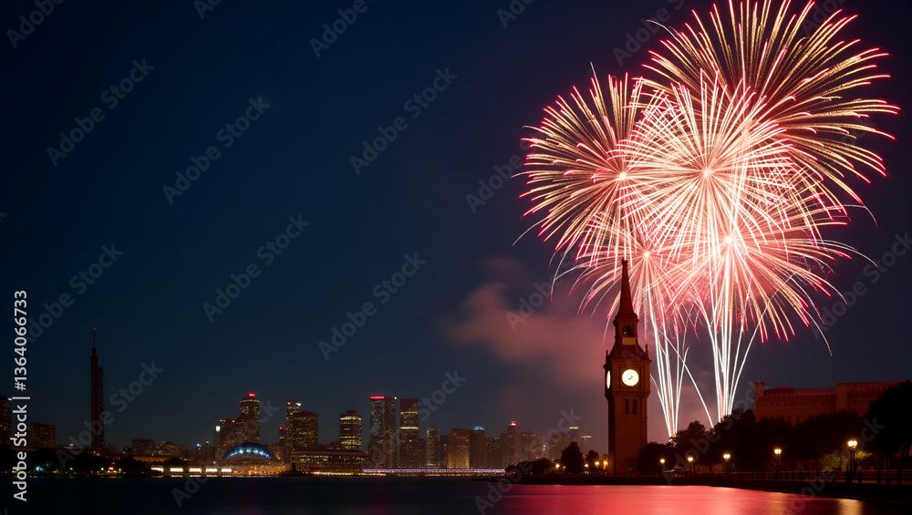 Majestic New Year Fireworks and Clock Tower Design with Countdown Event Space in Photo Stock Majestic New Year Fireworks and Clock Tower Design with Countdown Event Space in Photo Stock