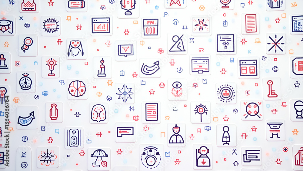 Fototapeta premium Neon Themed Icon Tile Patterns: Luminous Tech Illustrations with Minimal White Space for Event Promotions and Digital Branding - Modern Visuals for App Splash Screens and Brand Identity