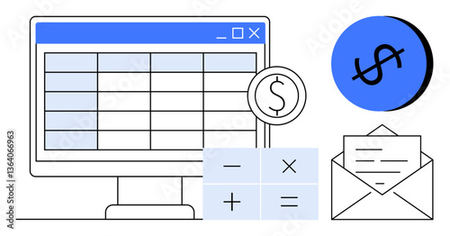 Computer monitor displaying spreadsheet, calculator with basic math symbols, dollar sign, and envelope with letter. Ideal for finance, budgeting, accounting, bookkeeping, economics business