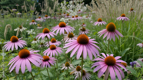 Backyard wildflower garden in central Virginia in June, with purple coneflowers, bottlebrush grass, and other native plants.