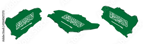 3D isometric illustration map of Saudi Arabia is shown with the national flag as a cover. The illustration includes isometric views from the top, left, and right.