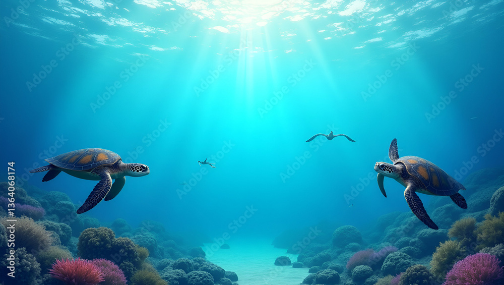 Fototapeta premium Dynamic Ocean Waves & Sea Turtles Frame for World Environment Day