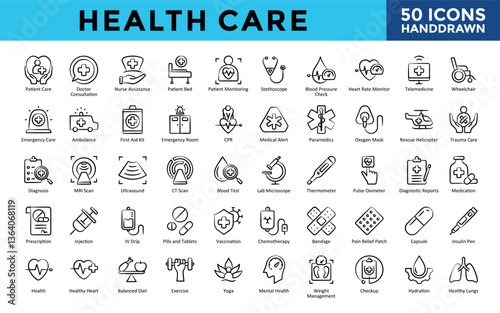 Health Care icons set with patient care, doctor consultation, nurse assistance, patient bed, patient monitoring, stethoscope, blood pressure check, heart rate monitor icon. Simple handdrawn vector 
