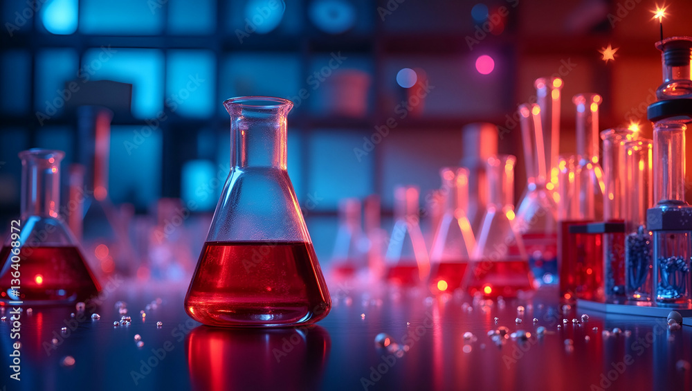 Vibrant Laboratory Scene: Conical Flask, Test Tubes & Glowing Molecules Vibrant Laboratory Scene: Conical Flask, Test Tubes & Glowing Molecules