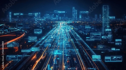Futuristic city highway at night, with data streams