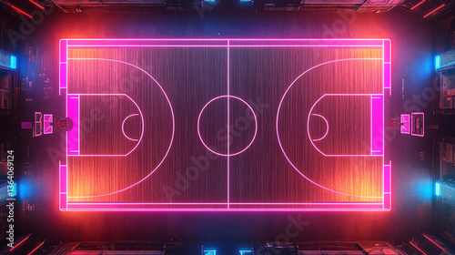 Futuristic Basketball Court with Neon Pink and Blue Lighting
