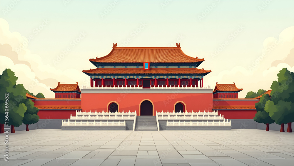 Fototapeta premium Stunning Vector Illustration of the Forbidden Palace in Beijing, China: Showcasing Traditional Architecture and Cultural Heritage with Intricate Details and Space for Text