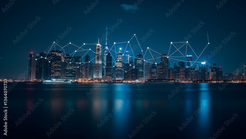 Fototapeta premium Cityscape at Night: Modern Connectivity & Urban Digital Infrastructure in Night Photography
