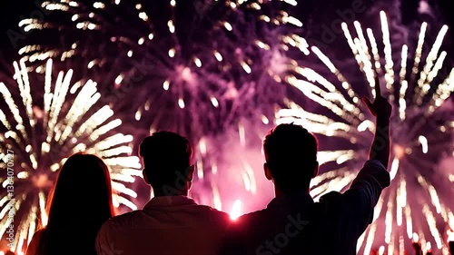 Evening Fireworks: A group of people stand in silhouette, gazing at a dazzling display of fireworks against the backdrop of a night sky.