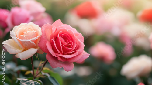 Beautiful garden filled with various roses, showcasing delicate pink and cream petals. soft sunlight enhances vibrant colors, creating serene and romantic atmosphere