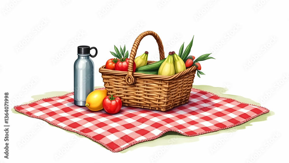 Charming Watercolor Illustration of a Picnic Blanket with a Food Basket and Thermos - Perfect for Outdoor Themes and Lifestyle Art Concepts in a Simple Flat Vector Style Charming Watercolor Illustration of a Picnic Blanket with a Food Basket and Thermos - Perfect for Outdoor Themes and Lifestyle Art Concepts in a Simple Flat Vector Style