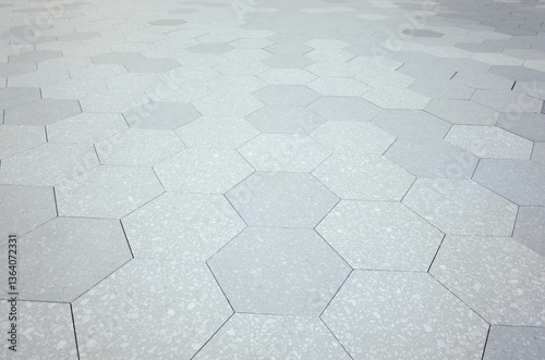 Obraz na płótnie Grey brick stone street road. Light sidewalk, pavement texture. Granite hexagon. outdoor tiled floor. w salonie