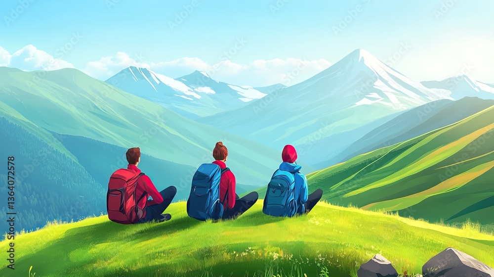 Fototapeta premium Hikers enjoying mountain vista