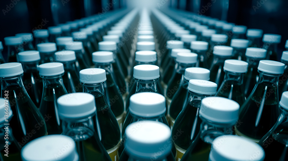 Neatly arranged syrup bottles with white caps in a production facility Neatly arranged syrup bottles with white caps in a production facility
