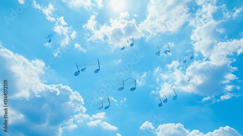 Musical Notes Flying in a Bright Blue Sky with White Fluffy Clouds and Sun