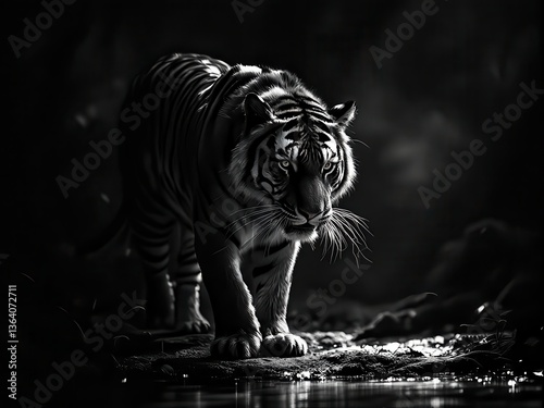 A striking black and white portrait of a tiger, capturing the intensity and majesty of this magnificent creature.