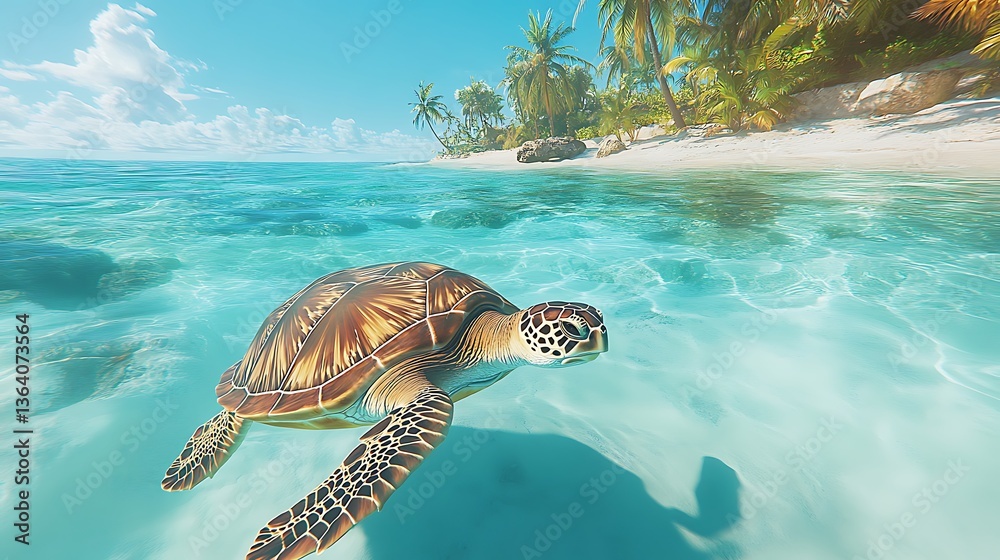 Fototapeta premium Sea Turtle Swimming in Tropical Paradise, A sea turtle swimming in clear turquoise waters near a tropical beach with palm trees