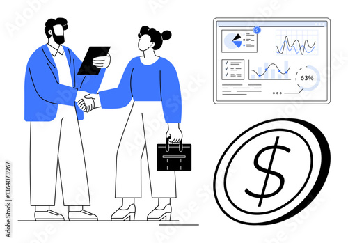 Businesspeople shaking hands, holding documents and a briefcase, next to analytics dashboard and dollar sign circle. Ideal for teamwork, strategy, finance, data analysis, partnerships, success