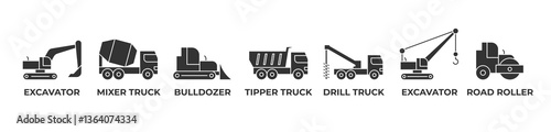 Construction Powerhouse Icons set vector illustration with Excavator, Mixer Truck, Bulldozer, Tipper Truck, Drill Truck, Excavator, Road Roller