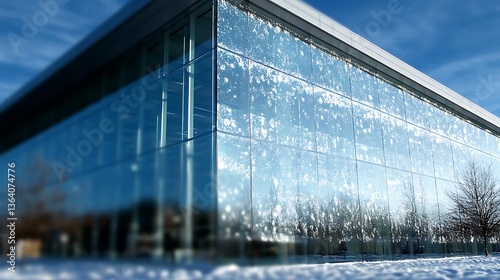 Modern glass building with snow on windows.