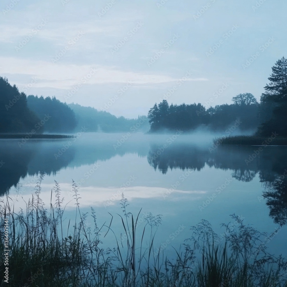 Fototapeta premium Calm Lake Reflecting Foggy Forest Landscape in Gentle Blue Light