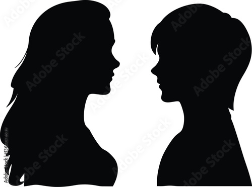 Silhouettes in Profile: Two individuals in profile, one with flowing hair, the other with short hair, creating a striking visual of contrast and connection, showcasing unity and beauty.