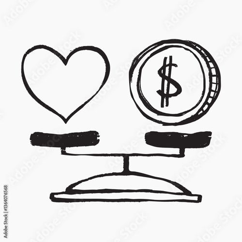 Heart and money on scale doodle, illustration vector