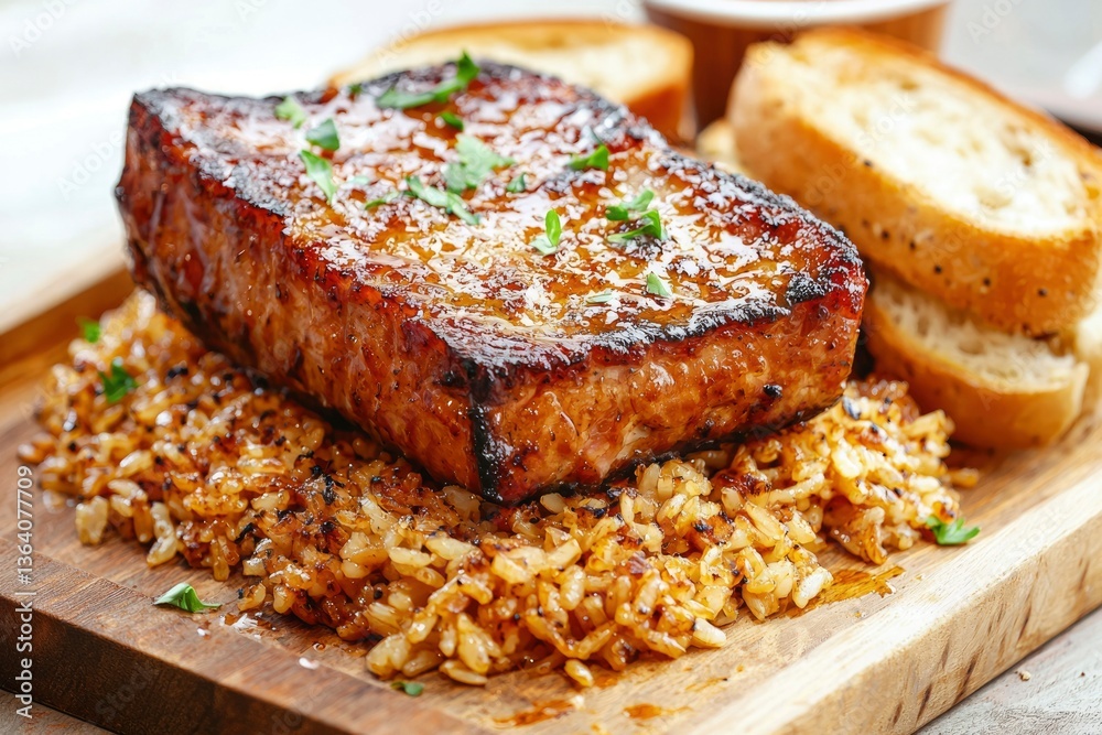 Grilled pork chop with seasoned rice and toasted bread Grilled pork chop with seasoned rice and toasted bread