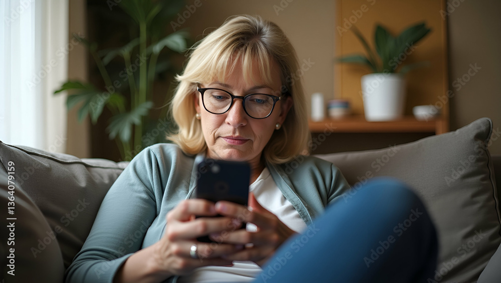Serious mature middle aged senior woman at home on couch holding mobile cellphone reading news or watching online learning class having video call using mobile application. concept as Serious mature m Serious mature middle aged senior woman at home on couch holding mobile cellphone reading news or watching online learning class having video call using mobile application. concept as Serious mature m