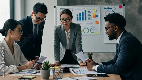 Professional Business Team Engaged in Strategic Meeting with Charts and Data on Display in Office
