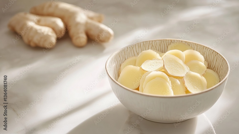 Freshly sliced raw ginger root sits in a decorative bowl, showcasing its light yellow color and smooth texture, with whole ginger root in the background, emphasizing culinary freshness. Freshly sliced raw ginger root sits in a decorative bowl, showcasing its light yellow color and smooth texture, with whole ginger root in the background, emphasizing culinary freshness.