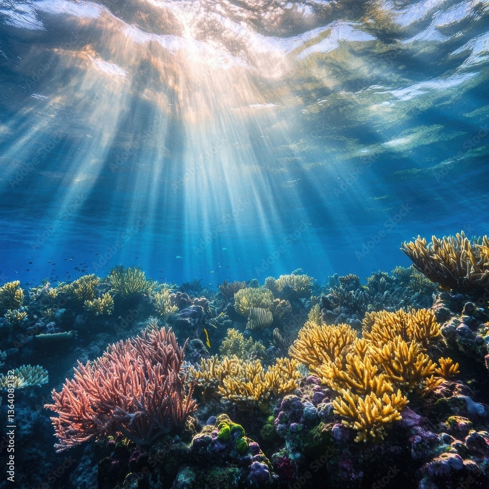 Naklejka premium Underwater Coral Reef Ecosystem with Sun Rays Illuminating the Scene