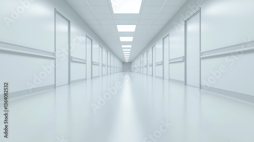 Wallpaper Mural long, sterile corridor with white walls and doors either side creates sense of emptiness and calm. bright overhead lights enhance clean, clinical atmosphere, evoking feelings of tranquility Torontodigital.ca