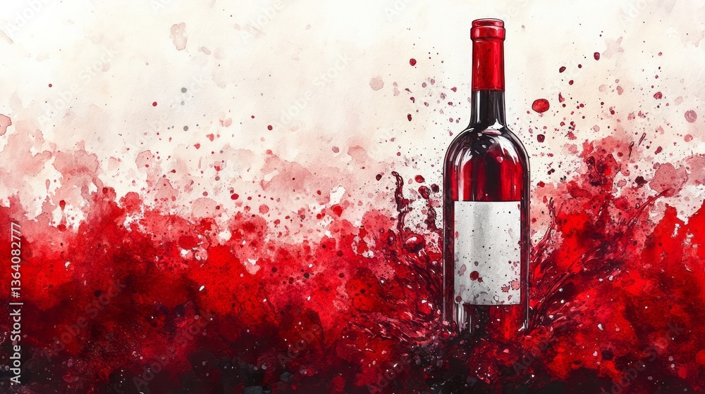 Fototapeta premium A watercolor painting features a bottle of red wine