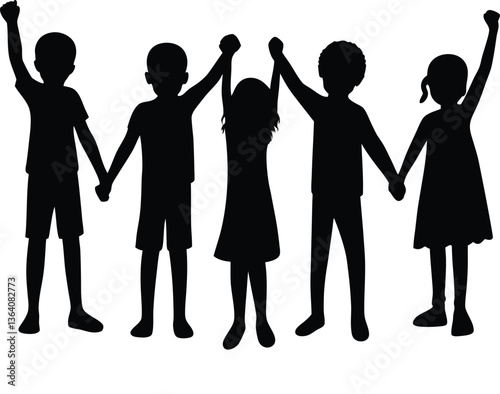 Silhouette of Friendship: A heartwarming silhouette captures the essence of camaraderie as five children stand together, holding hands with arms raised in joyful unity. 