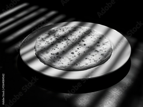 A minimalist black and white image of a pancake resting on a white plate, beautifully highlighted by dramatic shadows and light patterns.