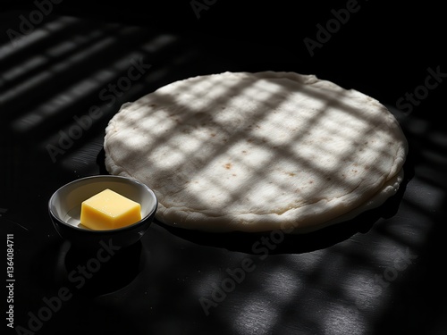 A minimalist black and white image of a pancake resting on a white plate, beautifully highlighted by dramatic shadows and light patterns.