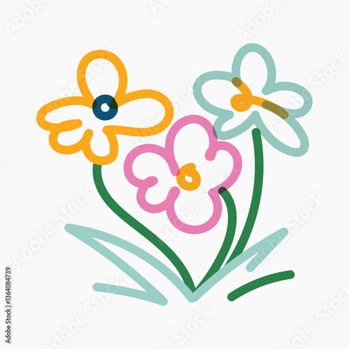 Flowers pop doodle line art vector