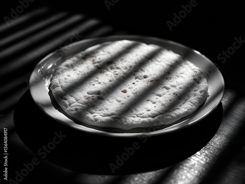 A minimalist black and white image of a pancake resting on a white plate, beautifully highlighted by dramatic shadows and light patterns.