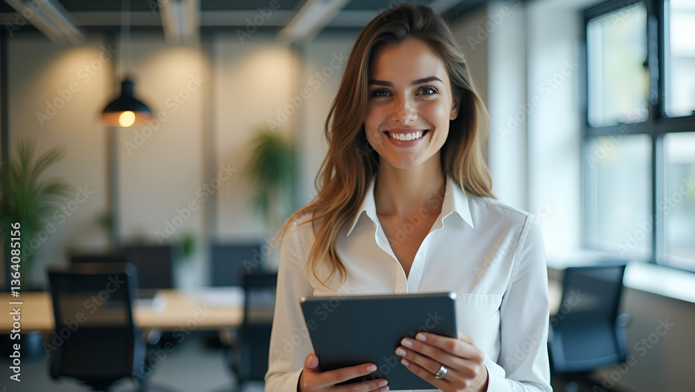 Flat Young Professional Businesswoman Smiling with Digital Tablet in Modern Office - Vector Illustration