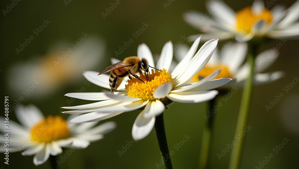 Flat Bee Collecting Nectar from White Chrysanthemum Flowers in Autumn Garden: A Cute Vector Illustration Showcasing Pollination and Natural Beauty